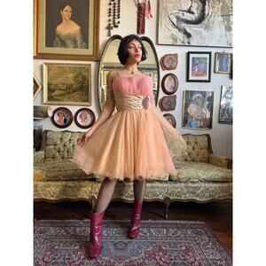 Vintage Peach and Bedazzled Lace Dress w Ribbon Waist Size Medium